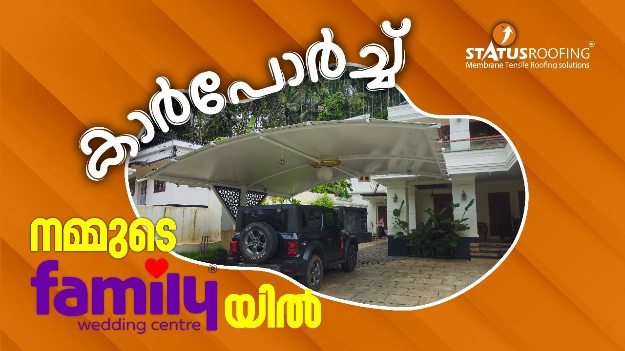 Modern Single-Pillar Tensile Car Porch by Status Roofing in Kerala